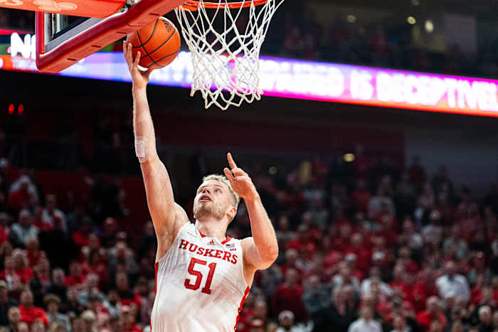 Feb 1, 2024; Lincoln, Nebraska, USA; Nebraska Cornhuskers forward Rienk Mast (51) shoots the ball against the Wisconsin Badgers during the first half at Pinnacle Bank Arena.